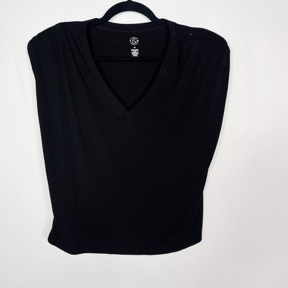 Treasure & Bond Womens Medium M Black Padded Shoulder V Neck Tee Tshirt Top - Picture 1 of 4